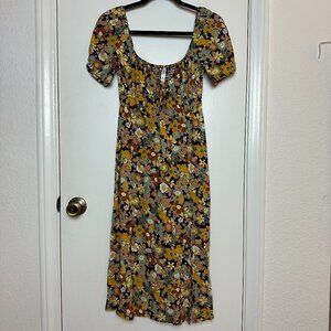 RVCA Floral Midi Dress Slit Mustard Brown XS Viscose